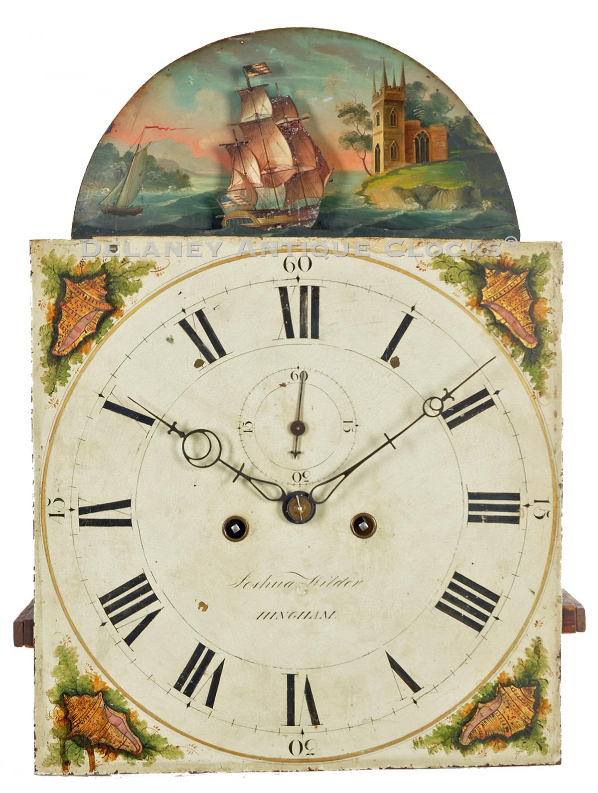 Joshua Wilder of Hingham, MA. Rocking ship tall clock dial. UU-100. Delaney Antique Clocks.