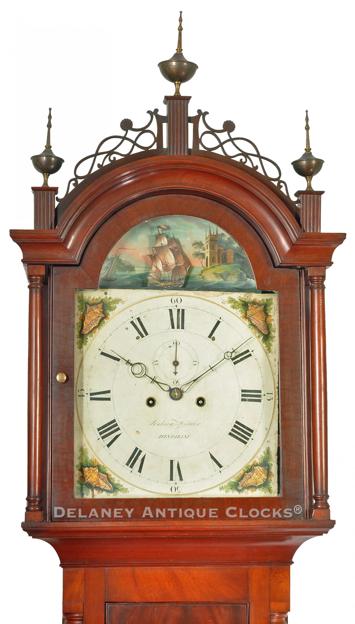 Joshua Wilder of Hingham, MA. Rocking ship dial. UU-100. Delaney Antique Clocks.