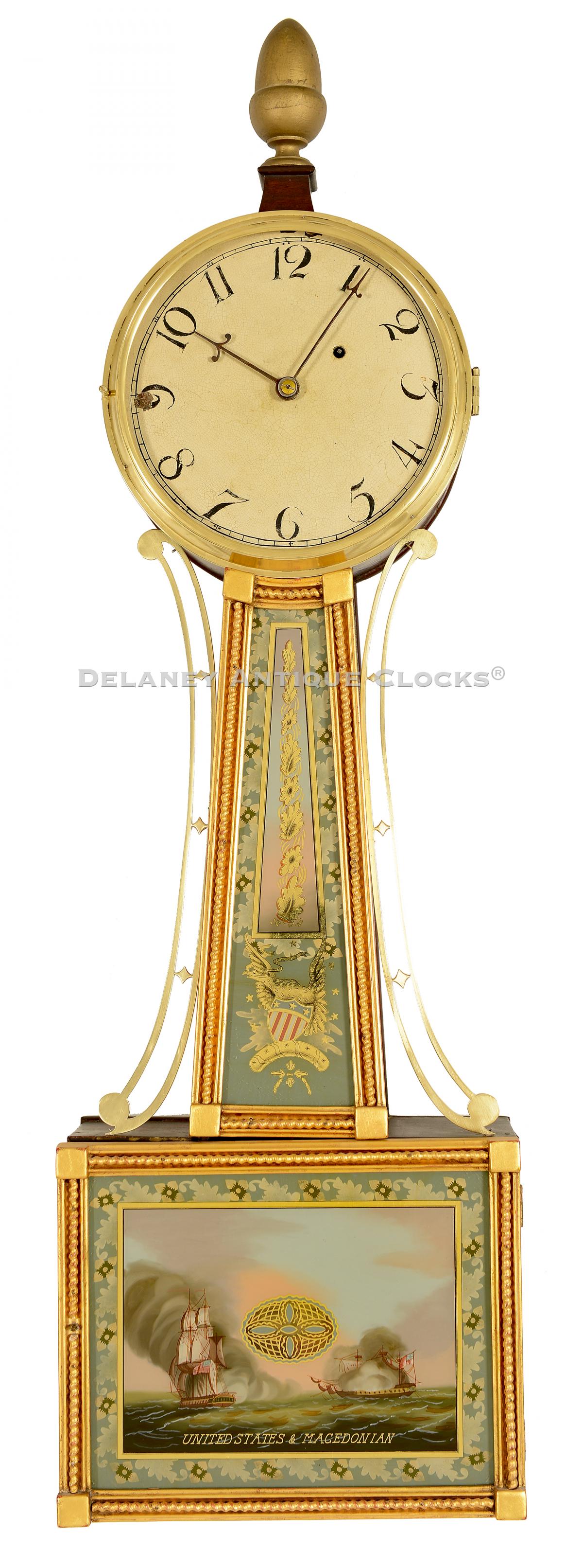  colorful and attractive unsigned Concord Timepiece commemorating the War of 1812 naval battle, UNITED STATES & MACEDONIAN. Circa 1820. 221060. Delaney Antique Clocks.