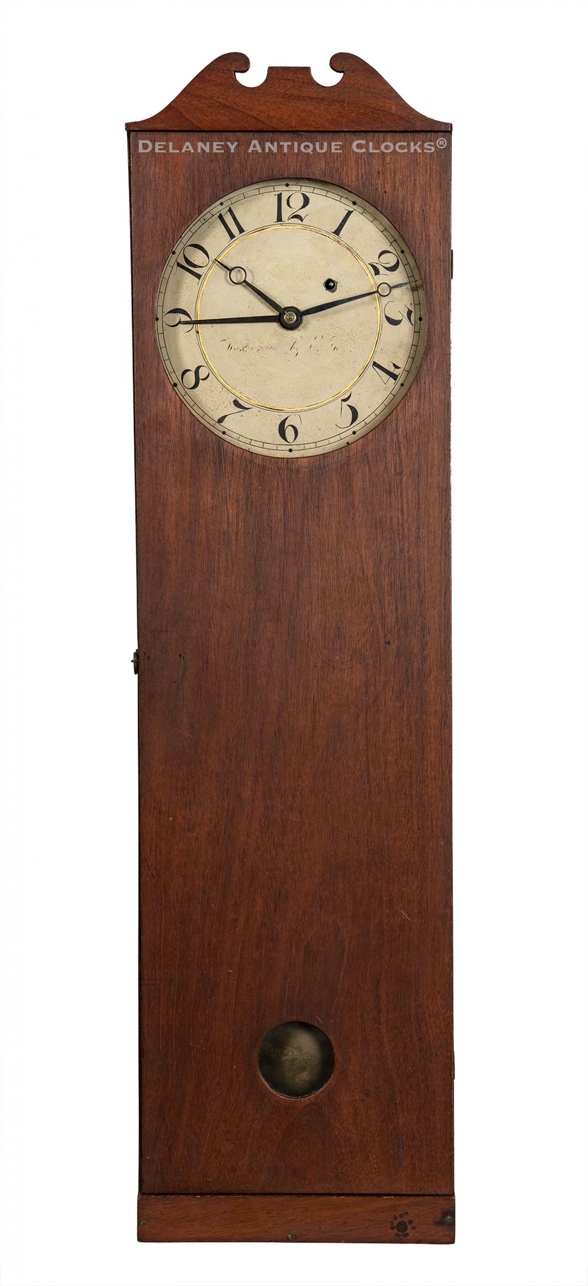 A rare Elnathan Taber Mahogany case Coffin Clock made in Roxbury, Massachusetts, on June 16, 1820. 222073. Delaney Antique Clocks.