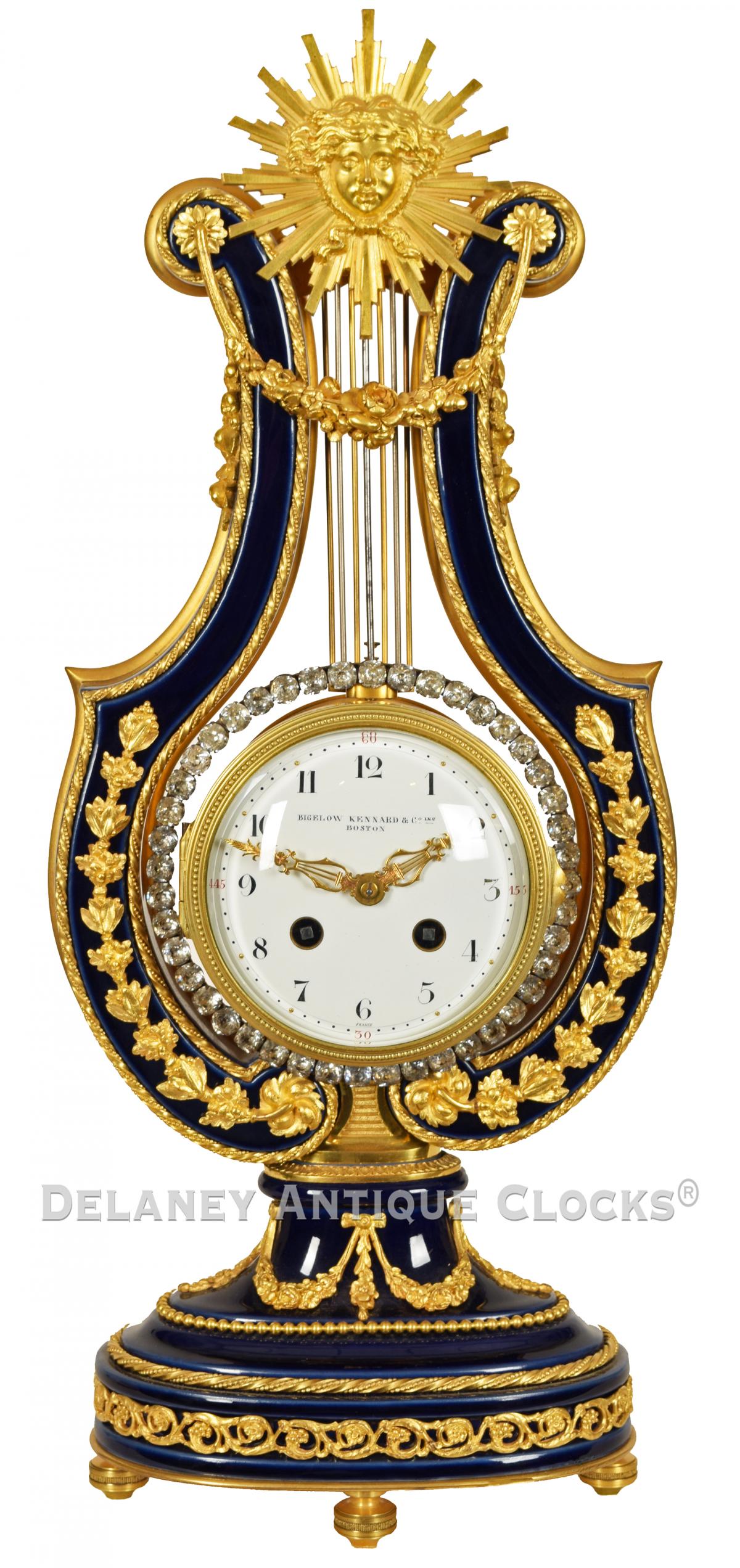 A Louis XVI Style French Lyre Clock retailed by Bigelow, Kennard & Co. Inc. CCC-9. Delaney Antique Clocks.