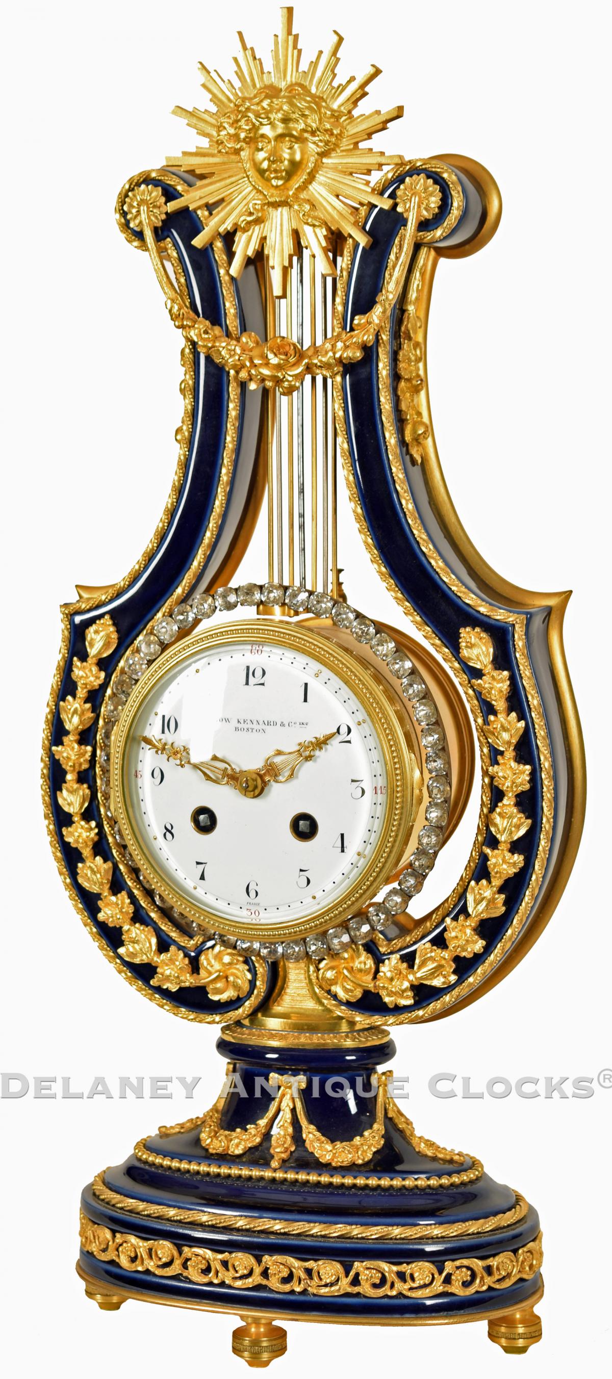 A Louis XVI Style French Lyre Clock retailed by Bigelow, Kennard & Co. Inc. CCC-9.