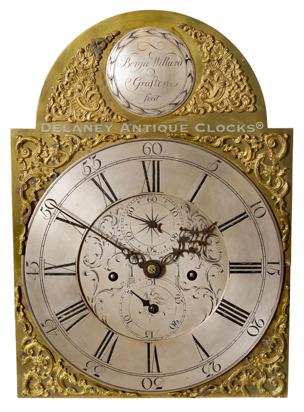 Benjamin Willard tall clock dial. Grafton, MA. Circa 1772. XXSL-58. Delaney Antique Clocks.