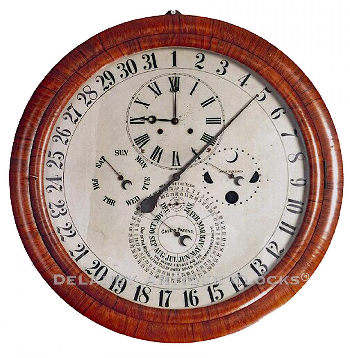 D. J. Gale's Astronomical Calendar Wall Clock. 215004. Delaney Antique Clocks.