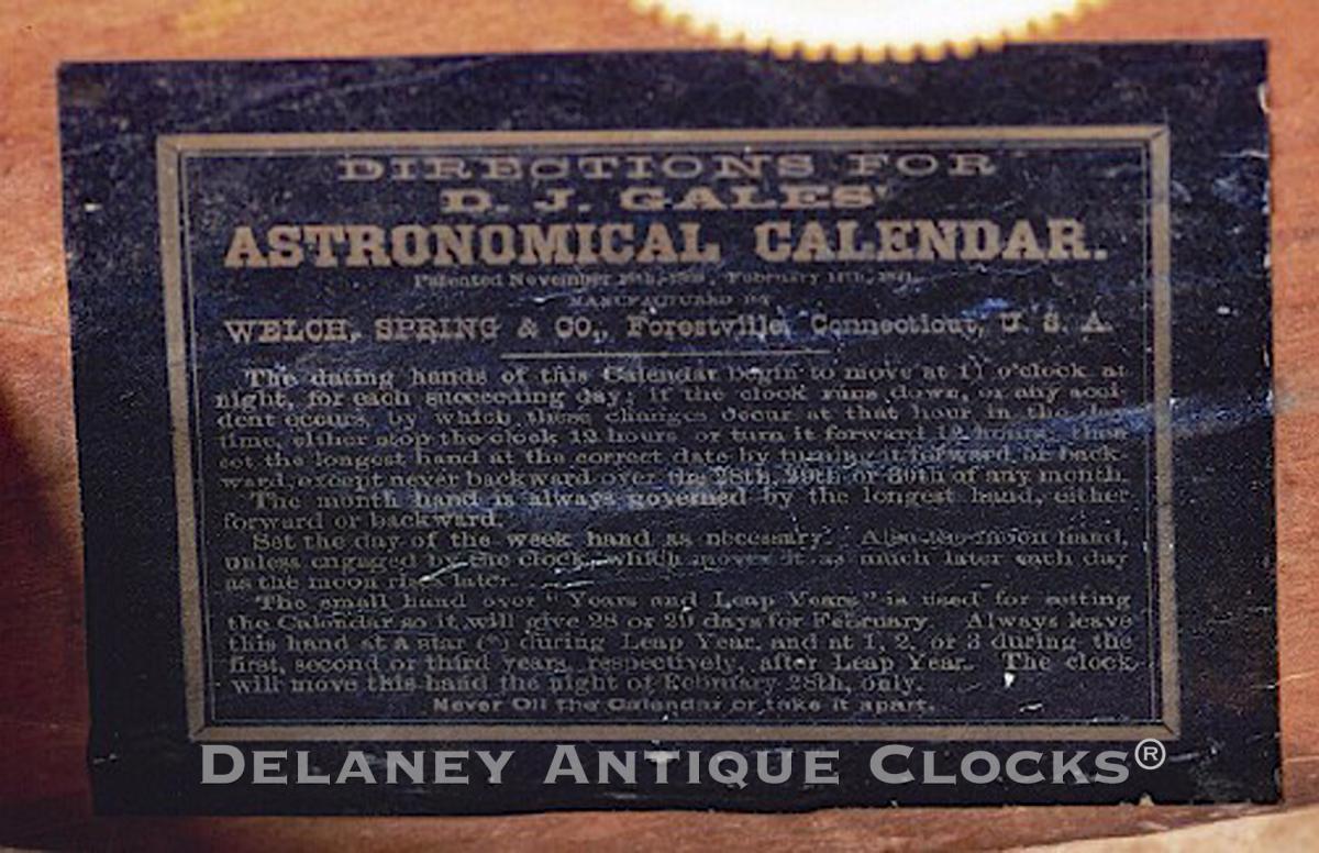 D. J. Gale's Astronomical Calendar Wall Clock label. 215004. Delaney Antique Clocks.