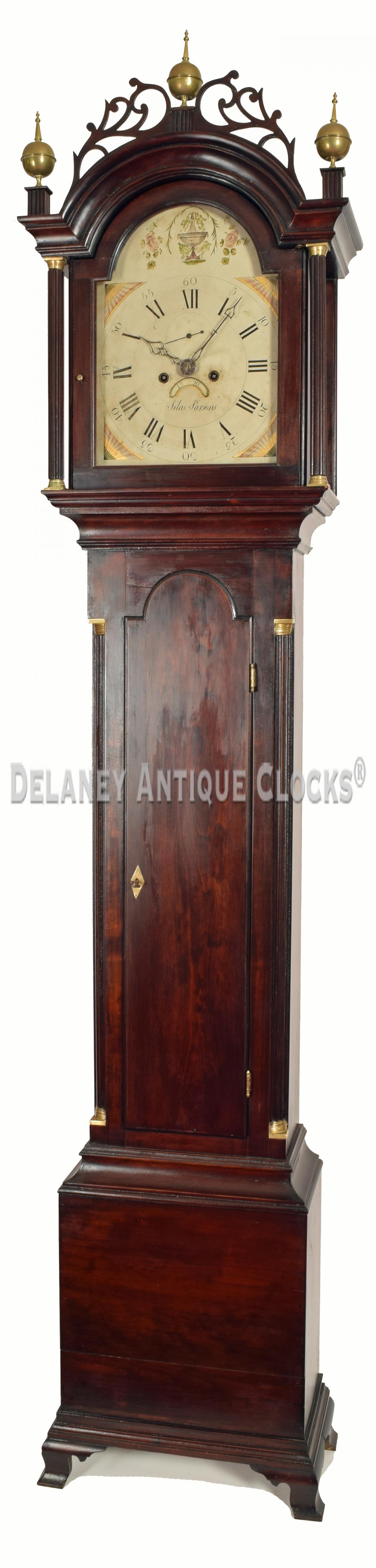 Silas Parsons of Swanzey, New Hampshire. Grandfather clock that features an 8-day time, strike, and alarm movement. 27217. Delaney Antique Clocks.