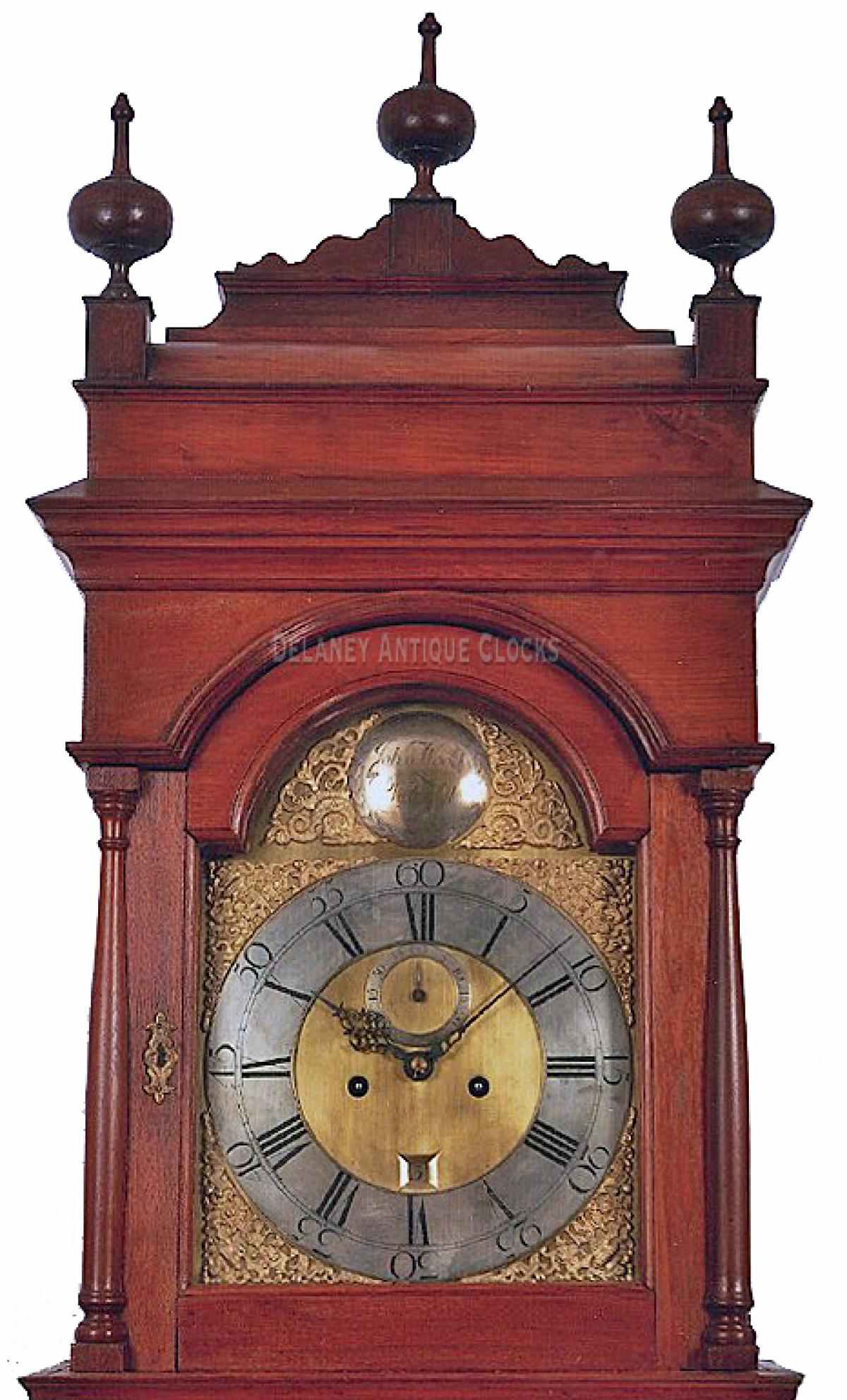 John Wood SR., of Philadelphia, Pennsylvania. An important Queen Anne figured walnut case tall clock. LL-146. Delaney Antique Clocks.