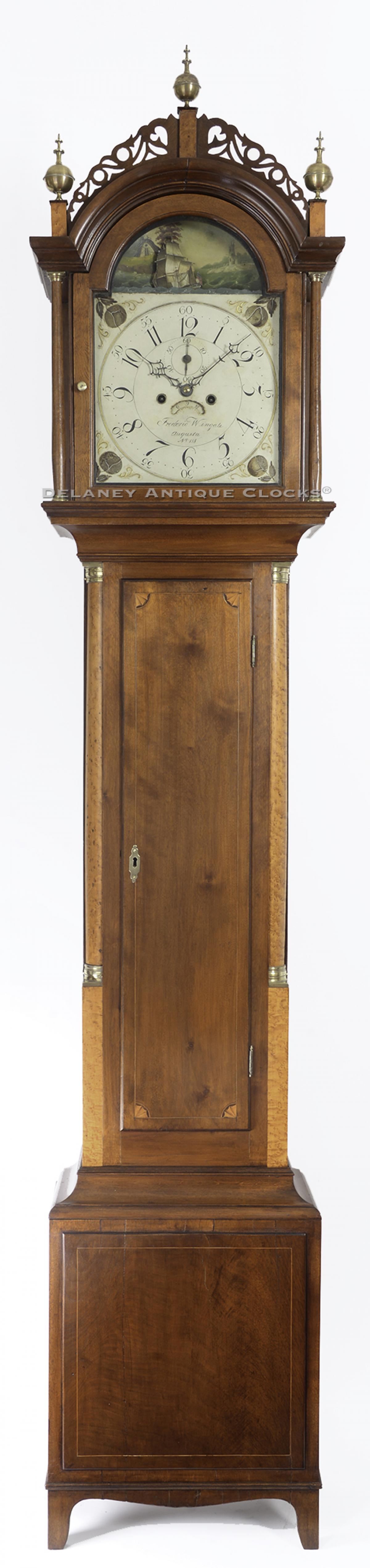 Frederick Wingate mahogany-cased tall clock with a rocking ship dial. Numbered 118. VV-134. Delaney Antique Clocks.