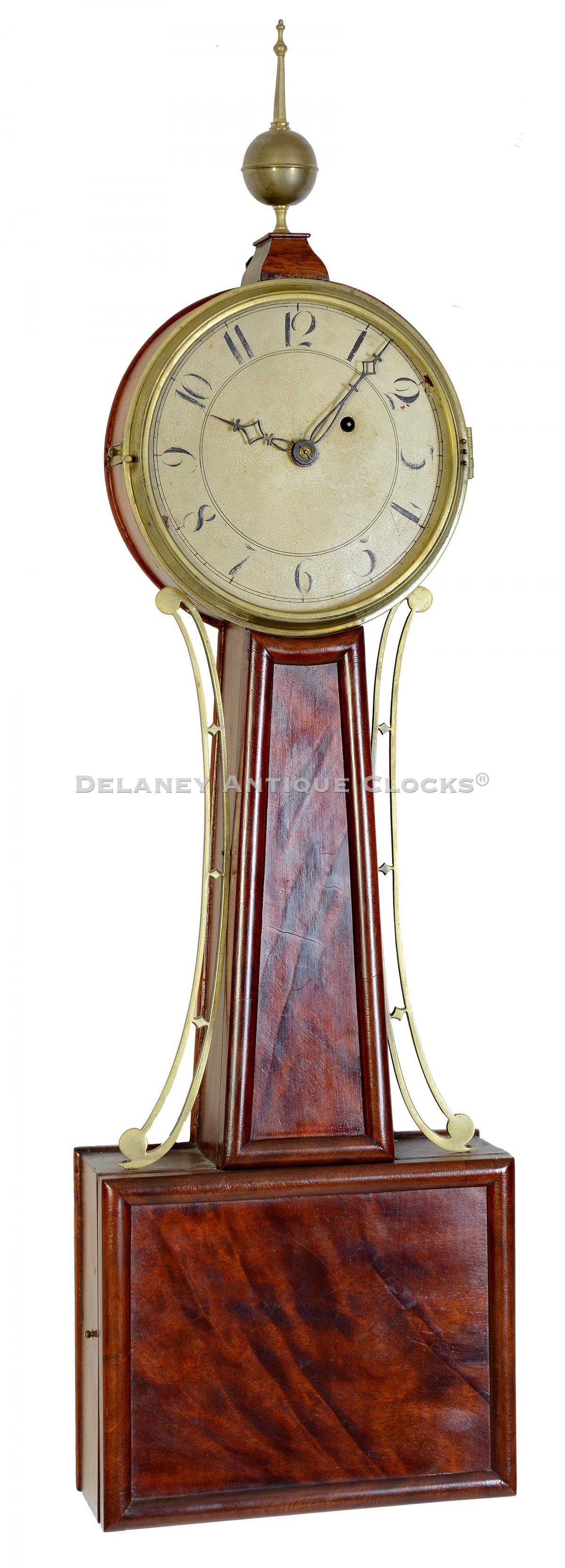 An unsigned Massachusetts banjo clock. 221159. Delaney Antique Clocks.