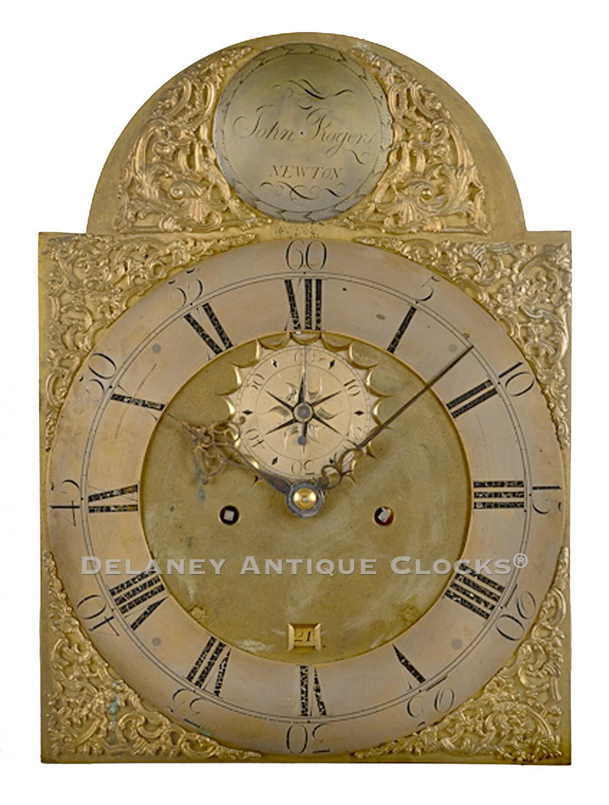 John Rogers of Newton, Massachusetts. Tall case clock dial. SS-125. Delaney antique Clocks.