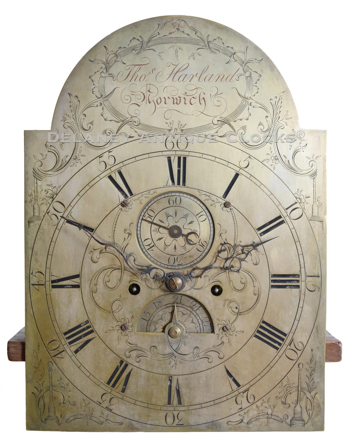 Thomas Harland tall clock dial. DDD-14 Delaney Antique Clocks.