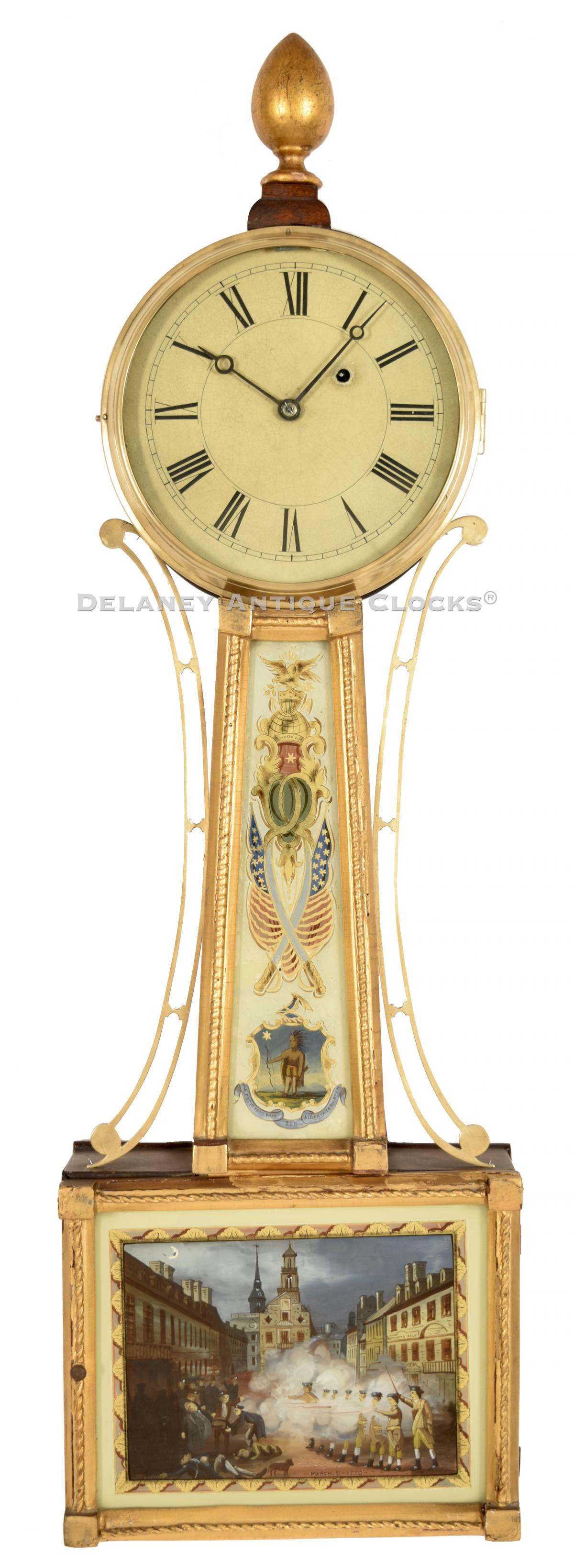 A patriotic-themed unsigned New Hampshire-made timepiece or banjo clock attributed to L. W. Noyes of Nashua, NH. It features a painted scene of the Boston Massacre. 222114.