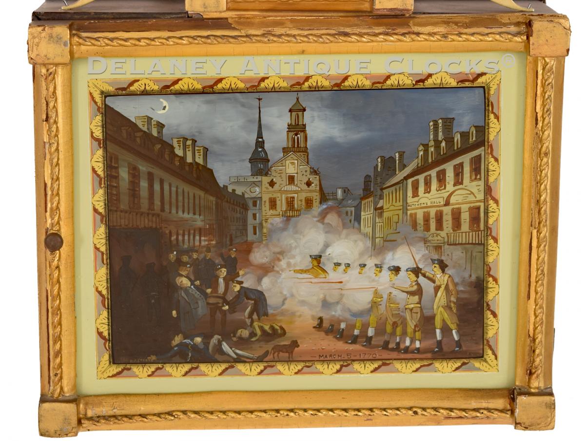 Painted banjo clock tablet of the Boston Massacre. 222114.