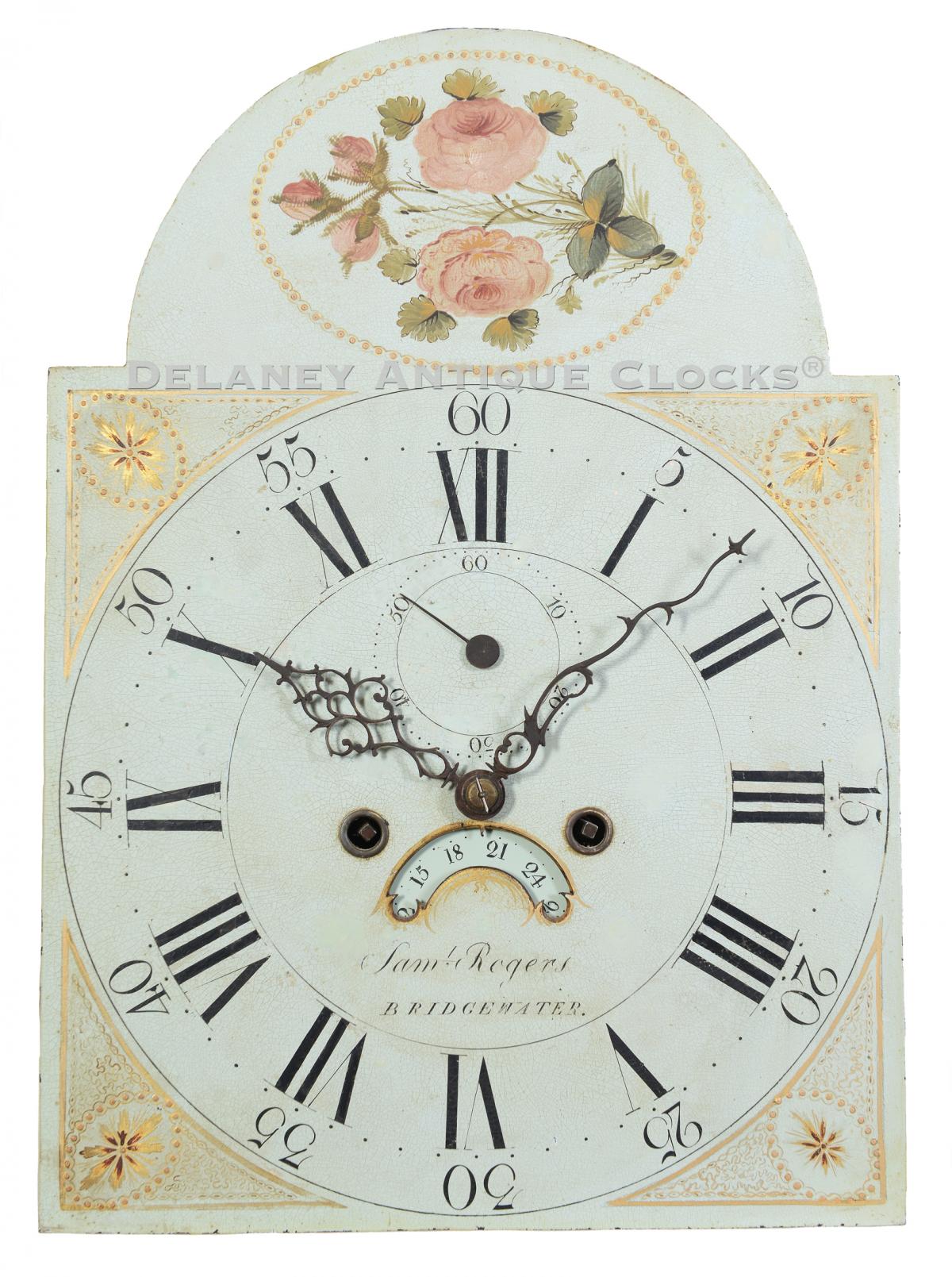 Samuel Rogers tall clock dial. 223246. Delaney Antique Clocks.