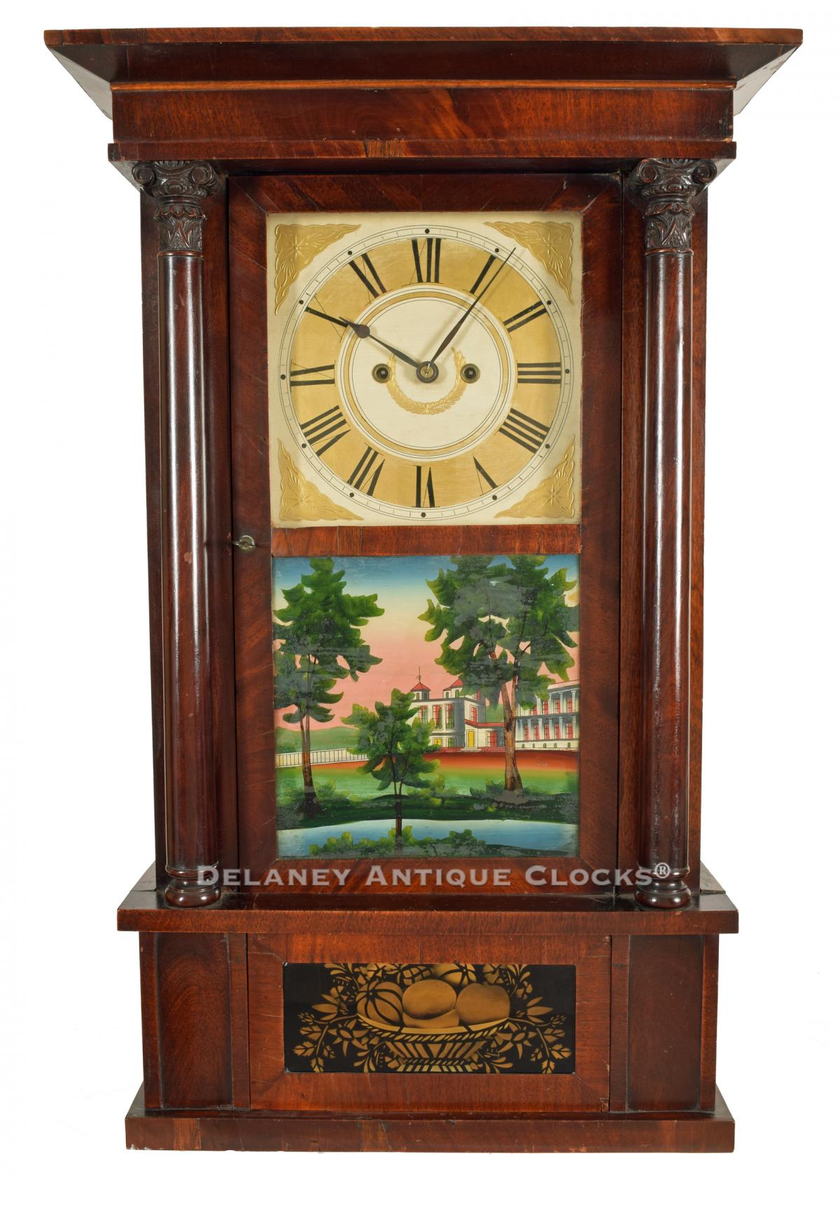 Spencer & Wooster & Co. A very colorful Column and Cornice shelf clock fitted with a Salem Bridge movement. 27011.