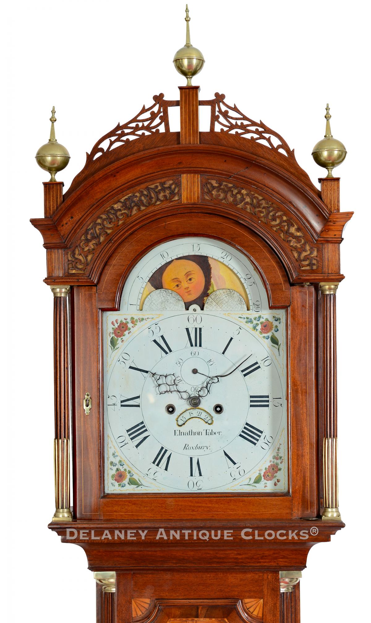 Inlaid mahogany tall case clock made by Elnathan Taber. 223209.