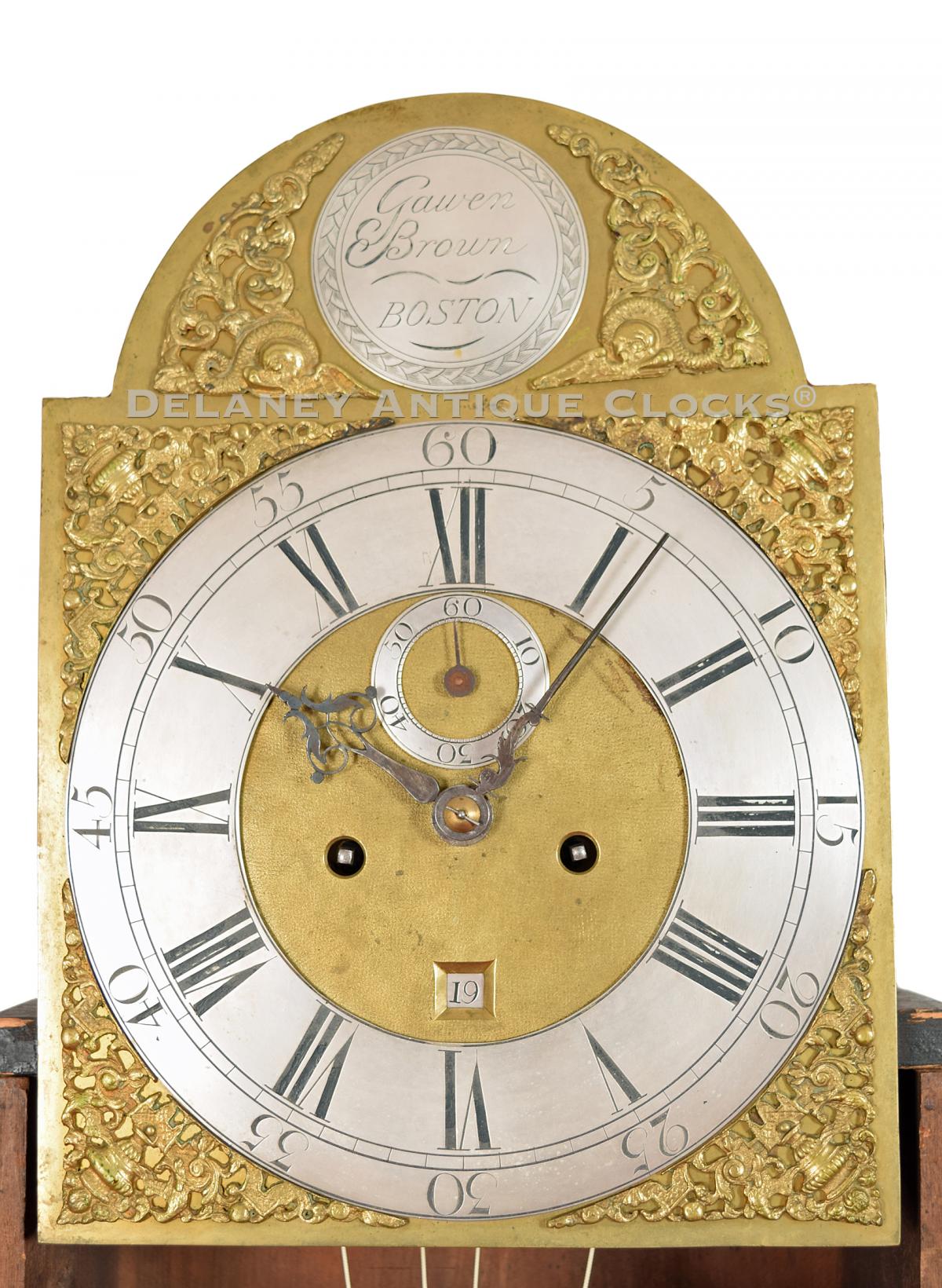 Gawen Brown tall clock dial. Boston, MA. UU-99. Delaney Antique Clocks.