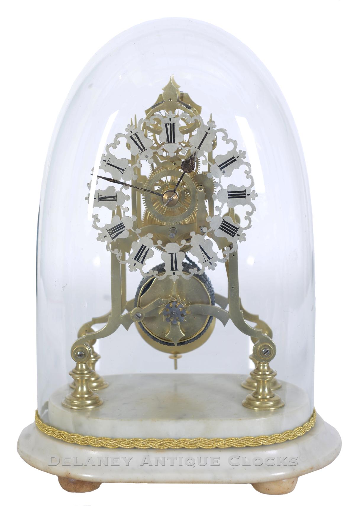 An English-made Skeleton Clock. Time-only. 223060. Delaney Antique Clocks.