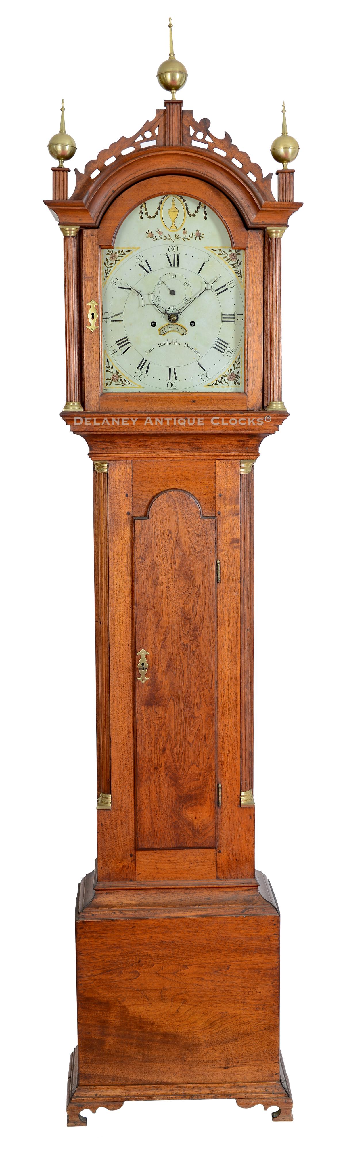 Ezra Batchelder of Danvers, Massachusetts. A Massachusetts tall case clock in butternut. OO-8.