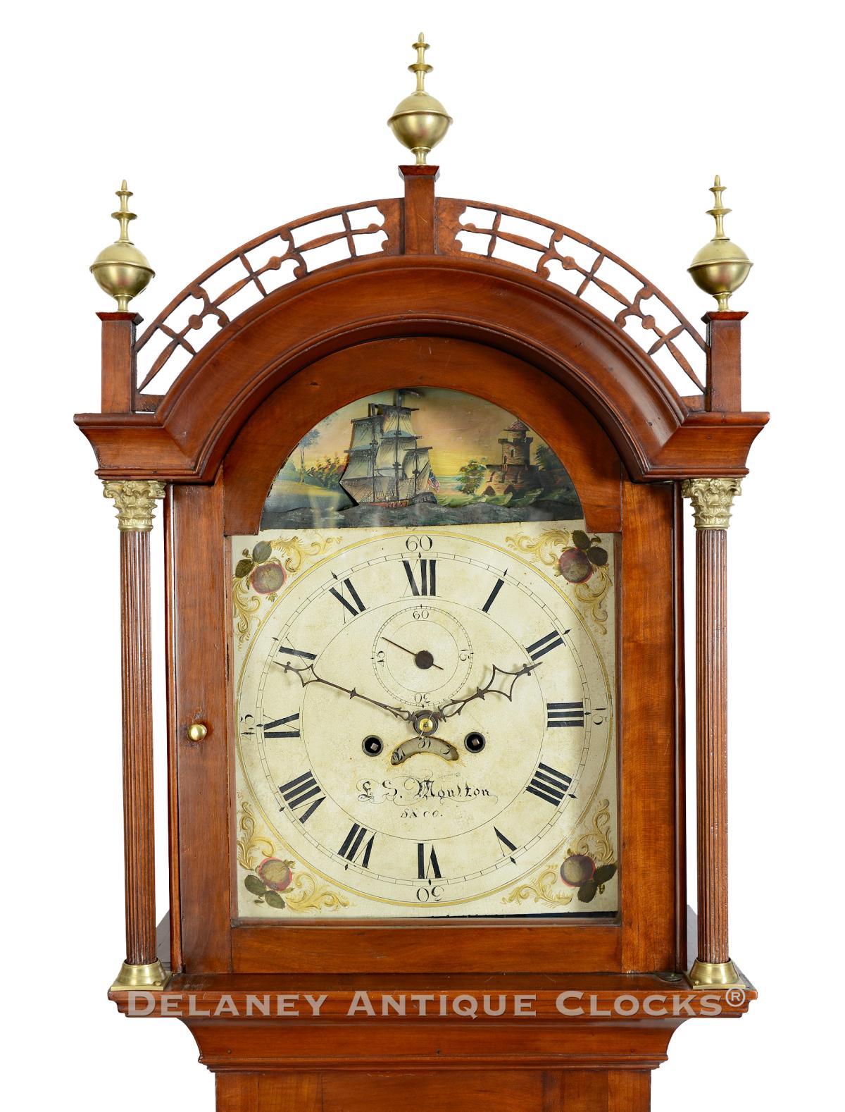 Saco, Maine tall clock featuring a rocking ship automated dial Made by Edward Moulton. CCC-64.