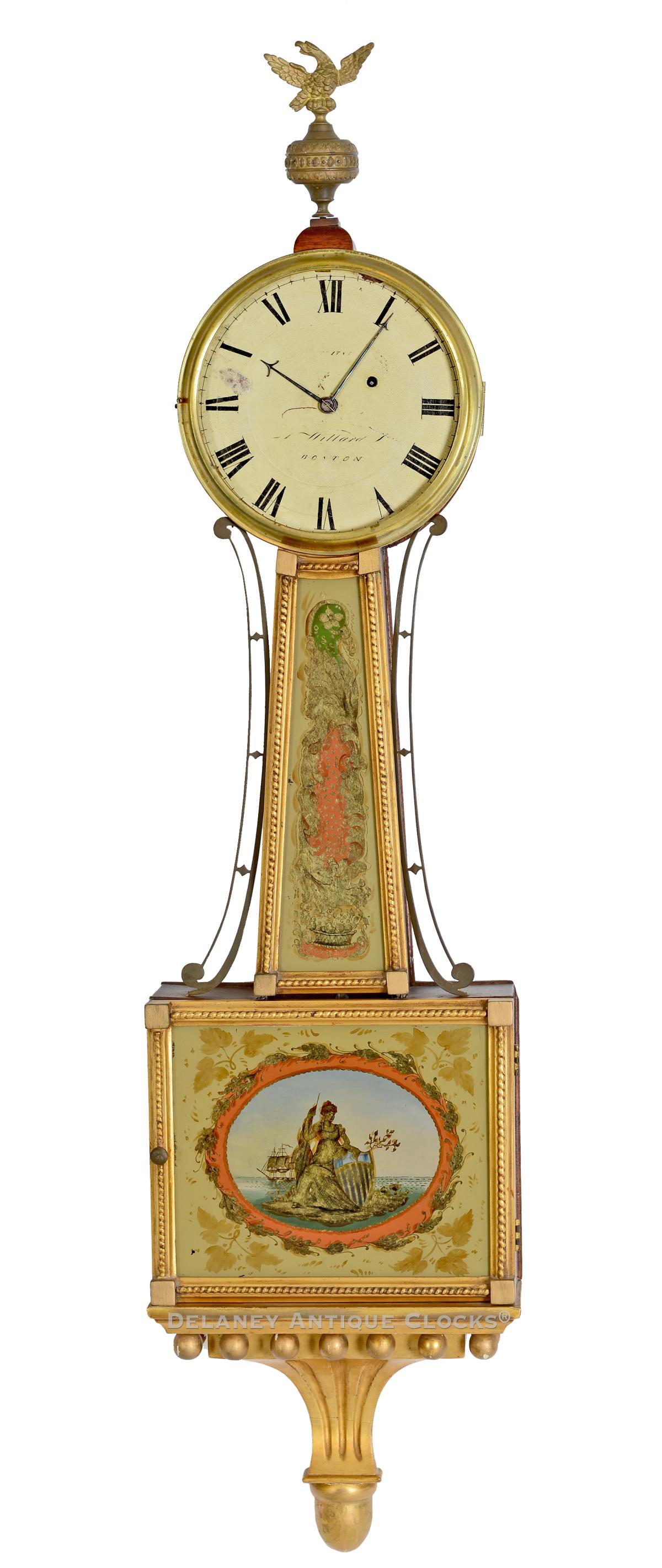 Aaron Willard Jr. gilt frame wall timepiece or banjo clock made in Boston circa 1815. This exquisite piece of history, with the lower tablet depicting Columbia. EEE-15.