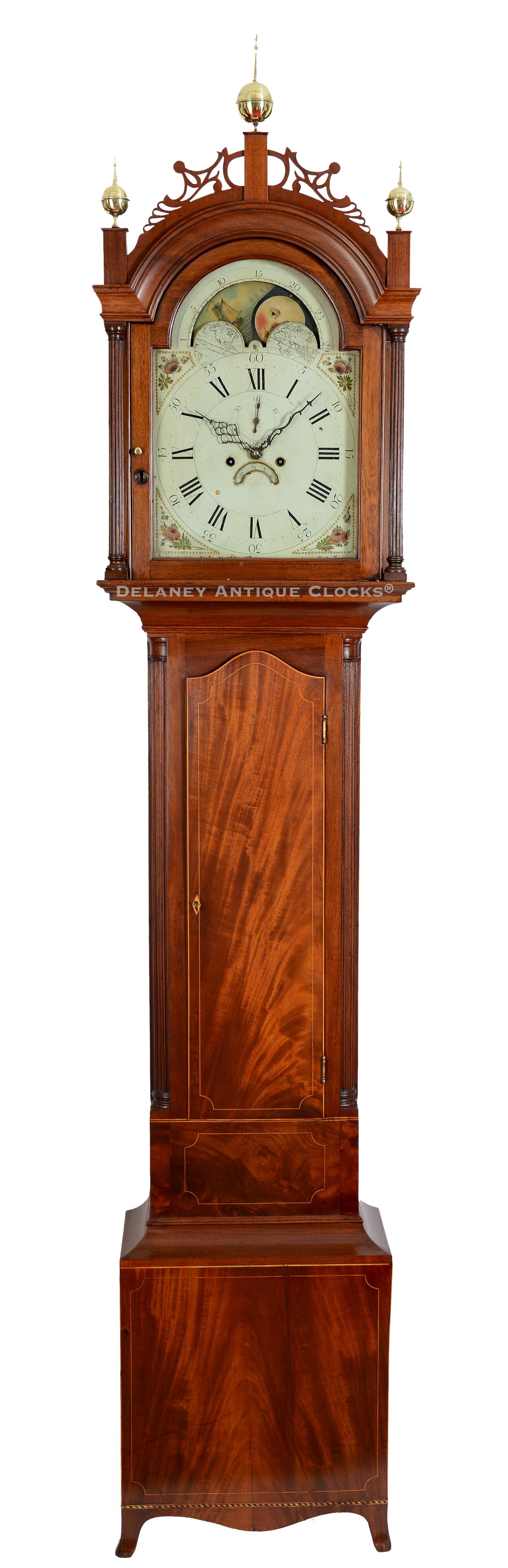 Sibley & Marble of New Haven, Connecticut. A fantastic mahogany tall case clock decorated with inlays. 219133.