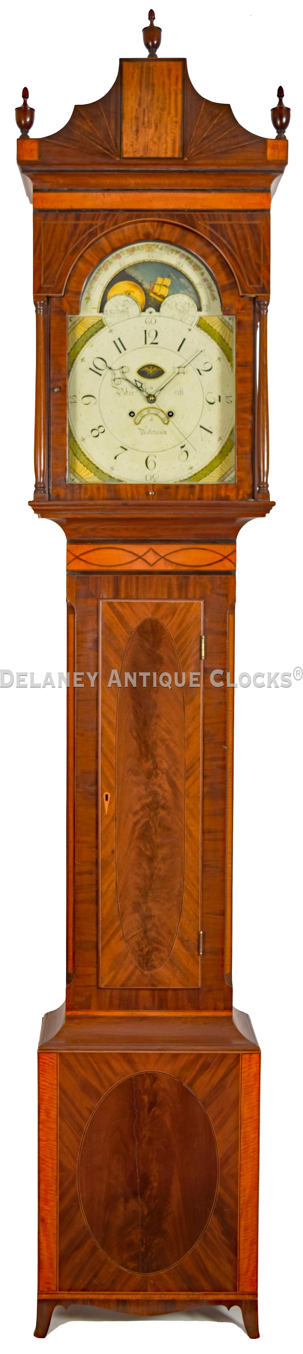 Peter Gift Jr. Clockmaker working in Kutztown, Pennsylvania. An inlaid mahogany case tall clock of superb design most likely made by the Reading cabinetmakers Daniel Rhein and or his apprentice or journeyman Henry Quast. 219111.