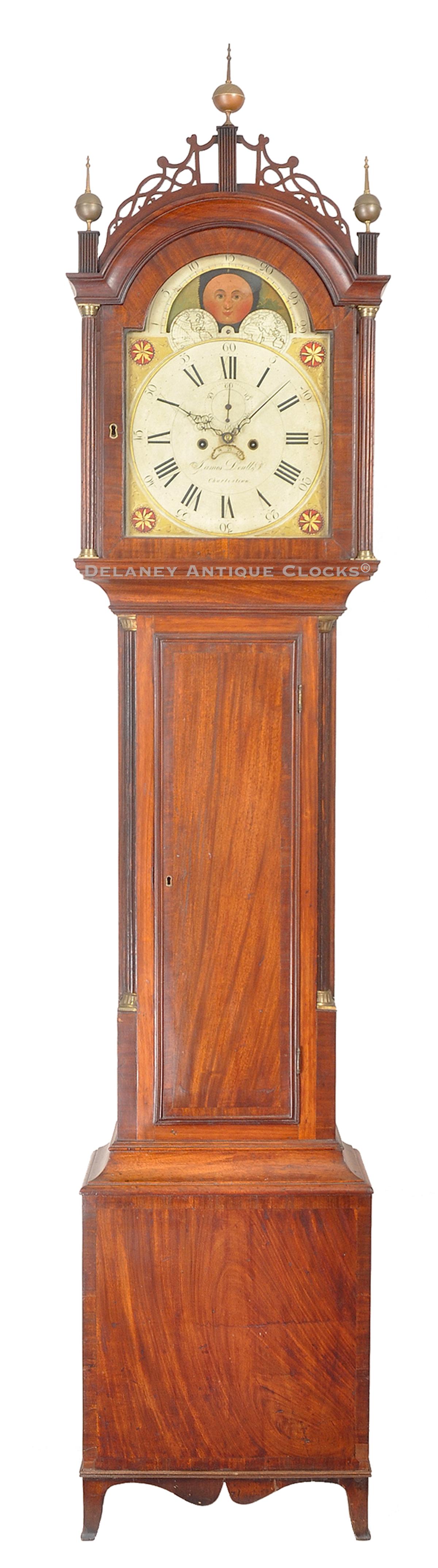 James Doull of Charlestown, Massachusetts. A cross-banded mahogany case tall clock with a moon phase dial. PP-159.