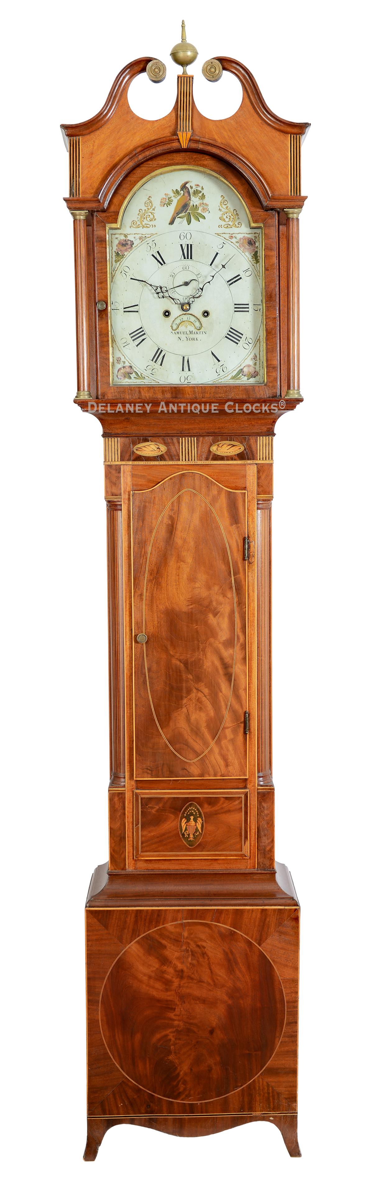 Samuel Martin of New York, New York. An inlaid mahogany cased tall case clock. TT-55. Delaney Antique Clocks.