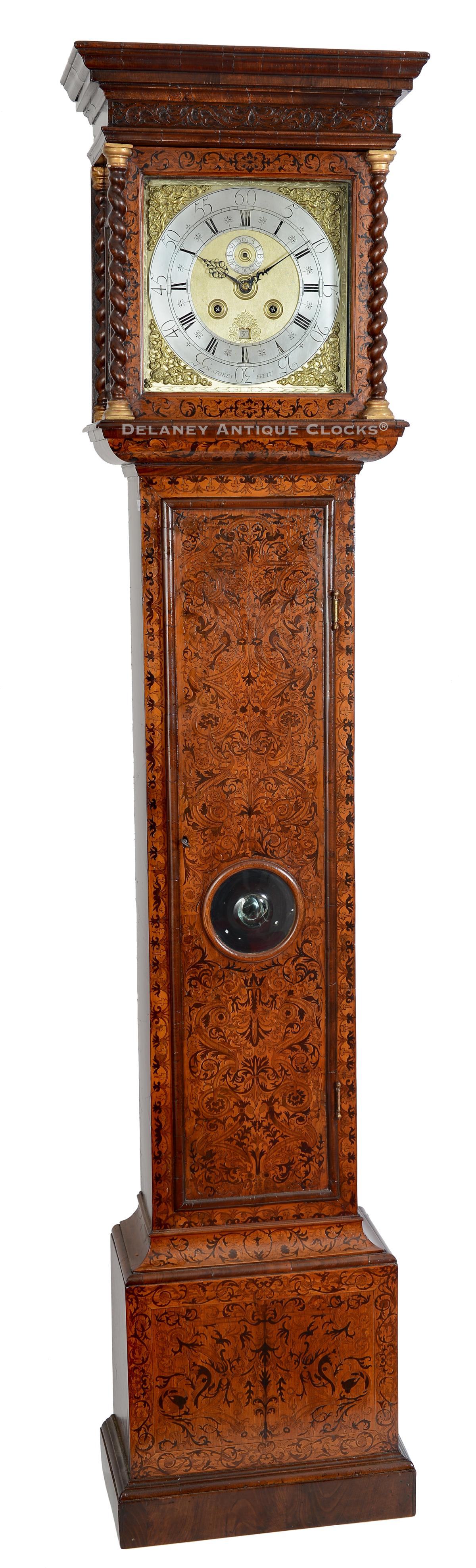 William Stokes Feict. An early 18th-century London walnut longcase clock with fine arabesque marquetry. 90-day movement designed to run for three months before rewinding, a rare and impressive feature. YY-14.