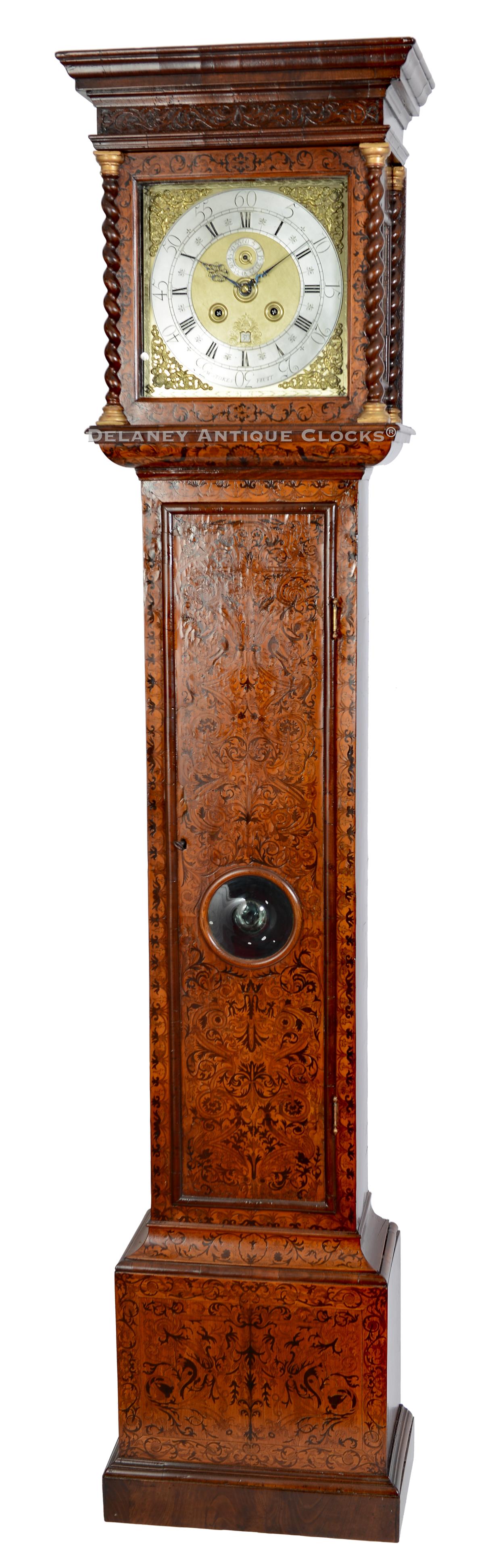 William Stokes Feict. An early 18th-century London walnut longcase clock with fine arabesque marquetry. YY-14.