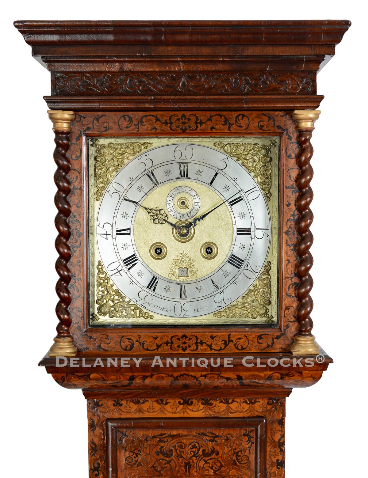 William Stokes Feict. An early 18th-century London walnut longcase clock with fine arabesque marquetry hood. YY-14.