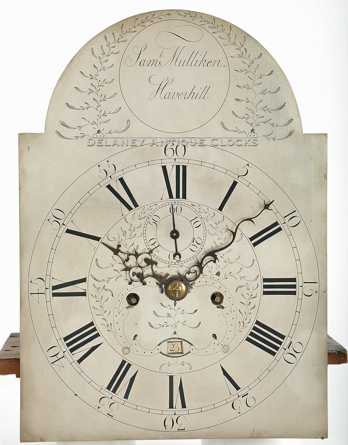 Samuel Mulliken (1761-1847) Haverhill, MA. Tall clock dial. XX-31. Delaney Antique Clocks.