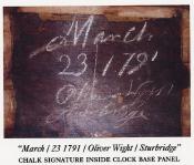 Oliver Wight cabinetmaker Sturbridge, MA. Signature. 212121. Delaney Antique Clocks.