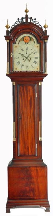 Daniel Munroe & Co., of Concord, MA. An inlaid mahogany cased tall case clock featuring outstanding proportions. 214023. Delaney Antique Clocks.