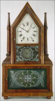 Birge & Fuller. Four Candlestick Steeple on Steeple mantel clock with wagon spring power. MM-118. Delaney Antique Clocks.