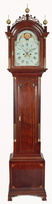 Simon Willard Grandfather clock with William Prescott painted dial. 219114. Delaney Antique Clocks.