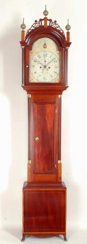 Allen Kelley of Sandwich, Mass. An inlaid mahogany case tall clock. 214020.