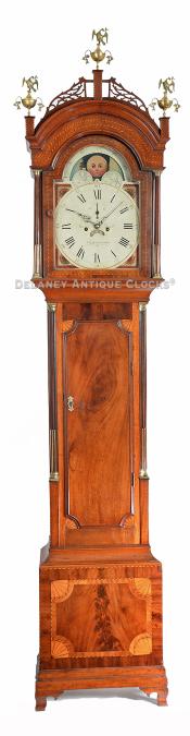 James Doull of Charlestown, Massachusetts. An inlaid mahogany tall case clock. Case attributed to the Stephen Badlam school of cabinetmaking. 216031.