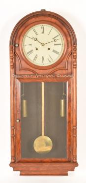 Atkins Clock Company of Bristol, Connecticut. A "Very Rare Circa 1876 Round Top 8-day Regulator." 216024. Delaney Antique Clocks.