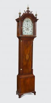 Nathan Lombard constructed inlaid mahogany tall case clock while working in Sturbridge, Massachusetts. HH-44.