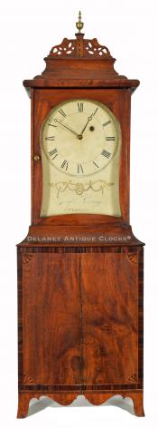 Joseph Loring of Sterling, Massachusetts, made this fine inlaid and cross-banded mahogany cased Shelf Clock with a kidney-shaped dial. TT-76. Delaney Antique Clocks.