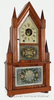 Birge & Fuller 8-day Wagon Spring powered Steeple on Steeple Clock. 218129. Delaney Antique Clocks.