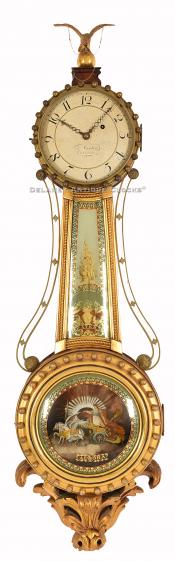 Reproduction Girandole wall timepiece. This clock was possibly made by James Conlon in Boston. 221160. Delaney Antique Clocks.