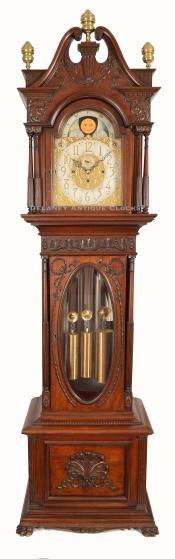 J. J. Elliott London movement. Harris and Harrington Pattern No. 9 mahogany case hall clock. 222037. Delaney Antique Clocks.