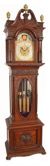 J. J. Elliott London movement. Harris and Harrington Pattern No. 9 mahogany case grandfather clock. 222037. Delaney Antique Clocks.