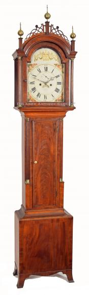 South Eastern Massachusetts Grandfather clock featuring a cross-banded mahogany case. NN-71.