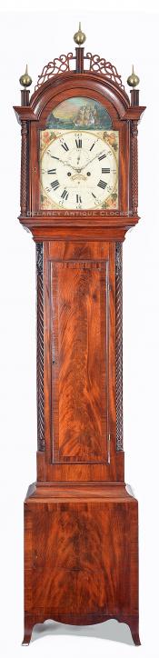 Elnathan Taber, Roxbury, Massachusetts. This cross-banded mahogany case tall clock features a rocking ship automated dial. XX-7.