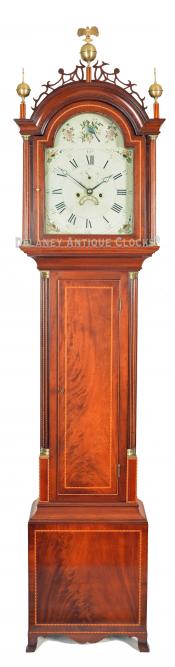 Southeastern Massachusetts inlaid tall clock. ZZ-55. Delaney Antique Clocks.