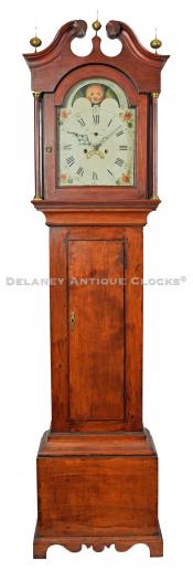 An unsigned birch case tall clock attributed to Benjamin Clark Gilman in Exeter, New Hampshire. This case is a country form. 222055. Delaney Antique Clocks.